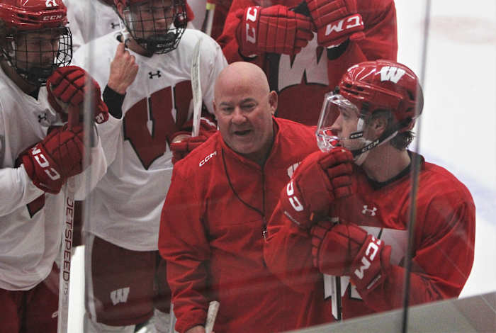 Wisconsin men's hockey coach Mike Hastings guides the team through practice at La Bahn Arena in Madison, Wis. at Tuesday Sept. 26, 2026.